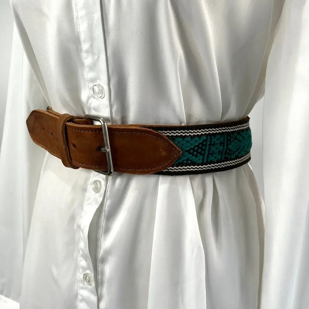 Handmade Leather Belt Woven Tribal Animal Motifs Green Tan